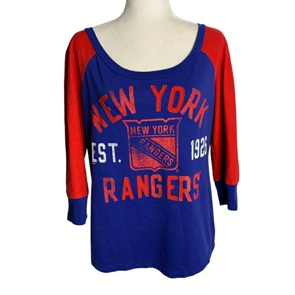 NHL New York Rangers Pullover Knit Top L Blue Red Raglan Sleeves Scoop Neck